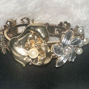 Gold Floral Statement Bracelet with Pearl and Crystal Accents